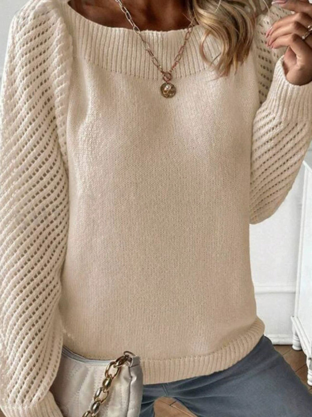 Womens Solid Color Cutout Off Shoulder Long Sleeve Knit Pullover Sweater